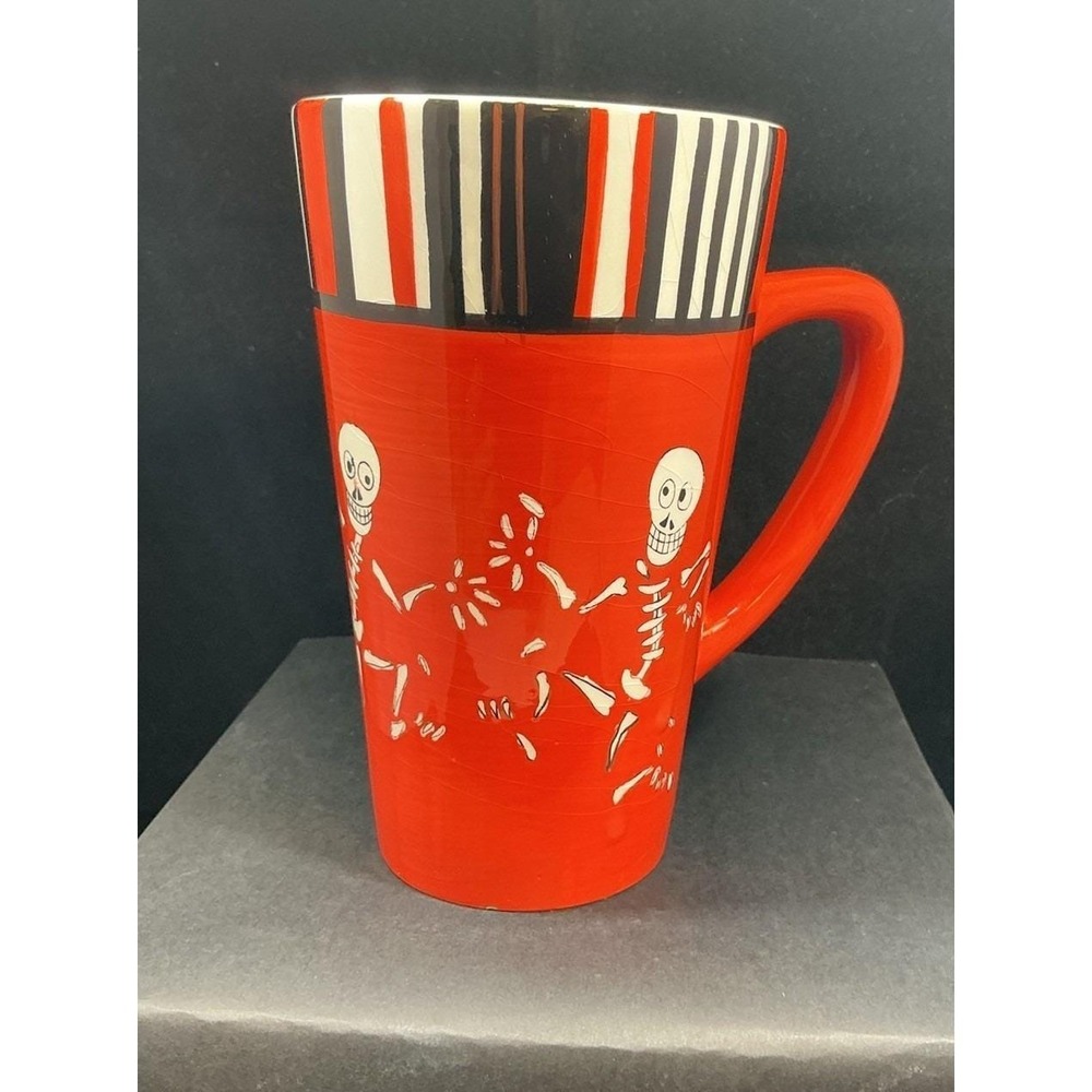 Hausenware Mary Kober Dancing Skeletons Tall Ceramic Latte Mug Red Striped Rim